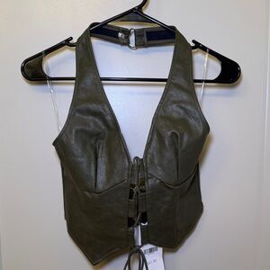 Akira Sleeveless Olive Faux Leather Halter top